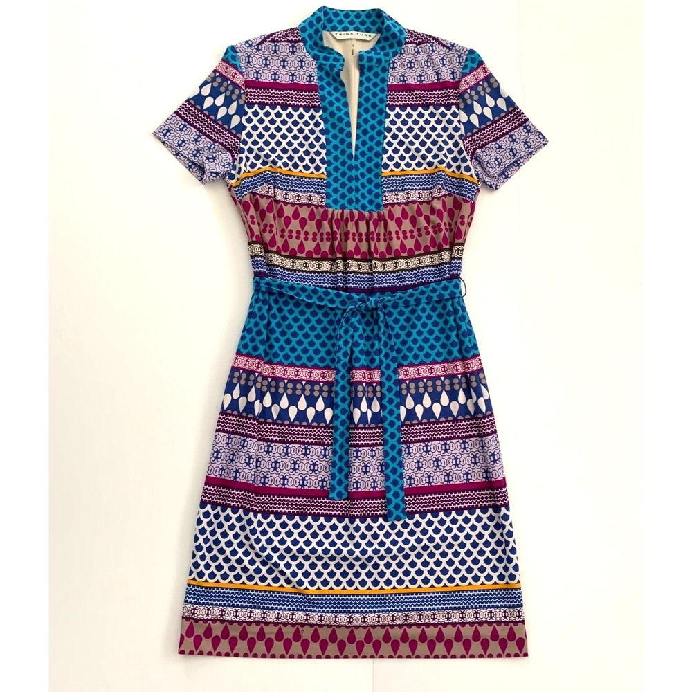 Trina Turk Joni Belted Stretch Jersey Tunic Dress Small 2 4 0 Geometric Mixed